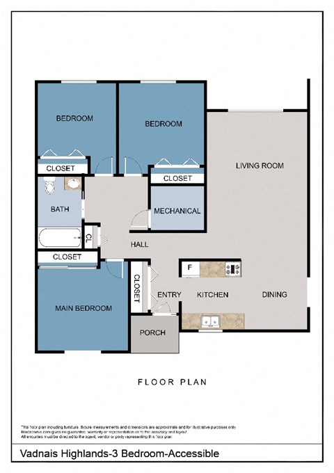 Floor plan for 3 beds, 1 bath, 1288 sqft